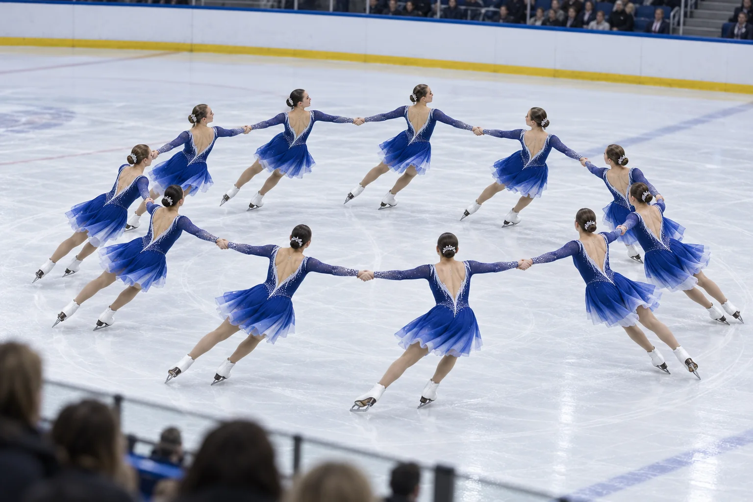 Synchronised skating team performing a wheel formation in competition