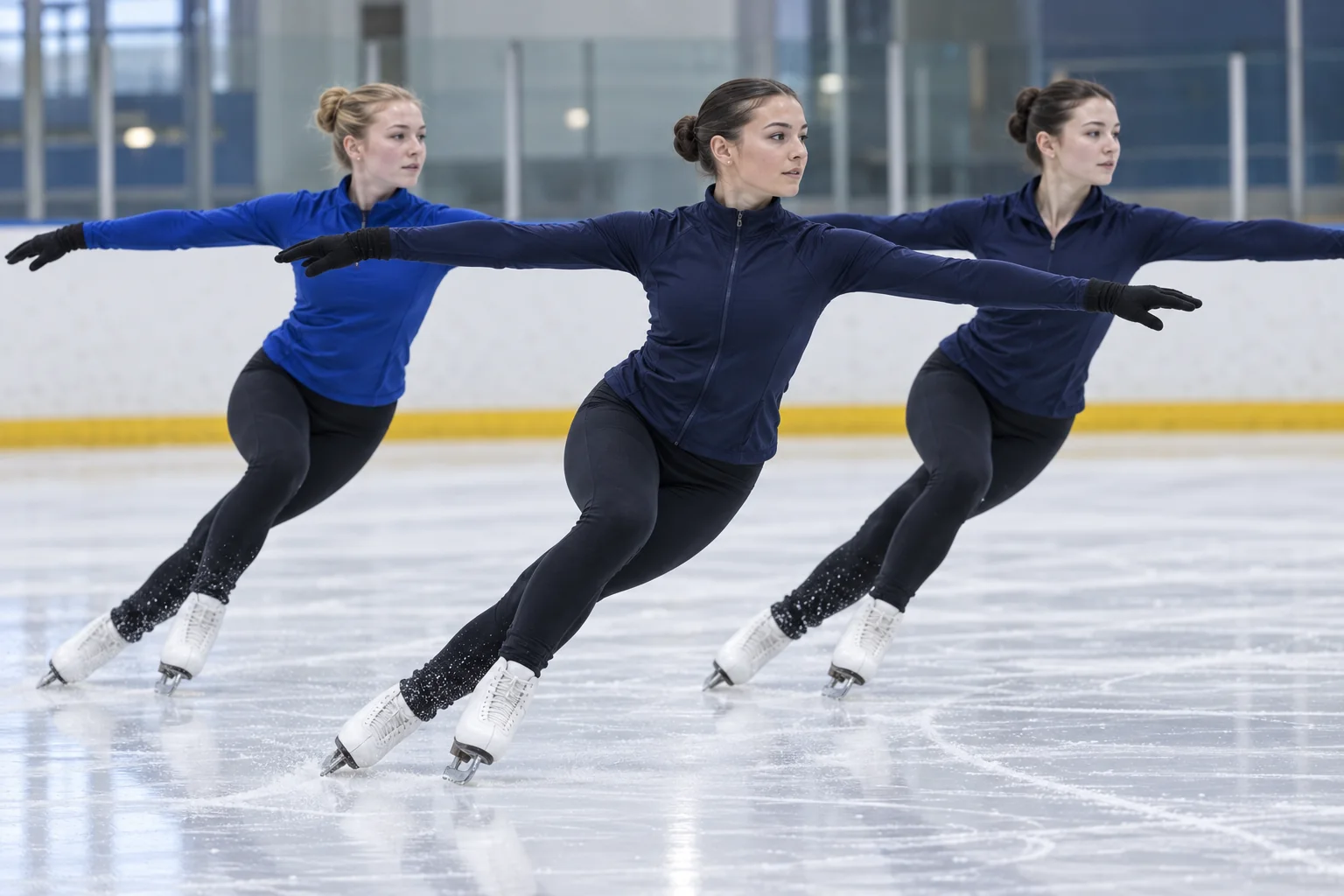 Three skaters training a coordinated edge drill on the ice